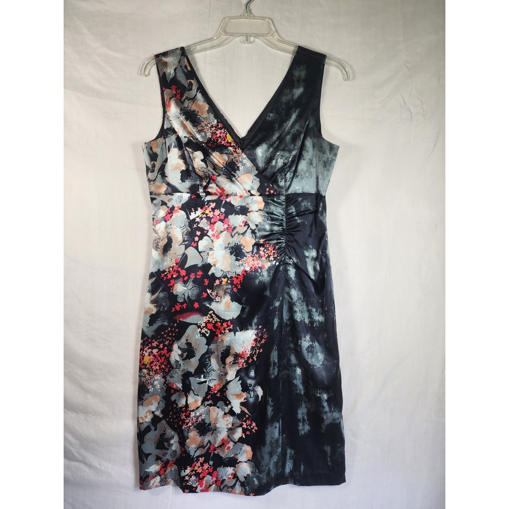 Donna Ricco Womens 14 Floral Black Silk Dress V-Neck Sleeveless Ruched Sheath